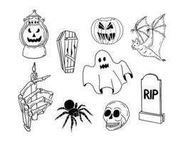 schetsen hand- getrokken halloween set. tekening geïsoleerd verschrikking elementen voor halloween decoratie. minimalistisch halloween ontwerp voor kleur Pagina's, stickers, tatoeage. vector