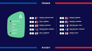 allemaal rugby wedstrijden in zwembad a, vlaggen van deelnemers in Internationale rugby wedstrijd in Frankrijk. vector