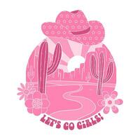 wijnoogst cowgirls woestijn embleem met cactus landschap en koeboog hoed. roze ontwerp van wild kant wat? tekst - laat s Gaan meisje. veedrijfster ronde concept in retro mild western stijl. vector illustratie.