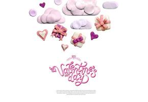 poster of banier met wolken, geschenk dozen en plasticine harten Aan een licht roze achtergrond. Promotie en boodschappen doen sjabloon of achtergrond voor liefde en Valentijnsdag dag concept. 3d illustratie vector