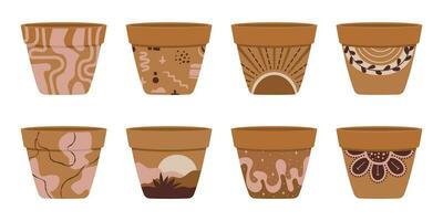 verzameling van leeg terracotta bloem potten voor huis planten. keramisch pot versierd met hand geschilderd Memphis stijl. vector