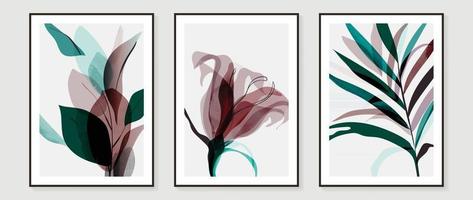 abstracte kunst tropische bladeren achtergrond vector. muurkunstontwerp met aquarelkunsttextuur van bloemen en palmbladeren
