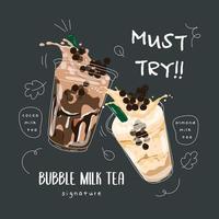 bubble melk thee design collectie, parel melk thee, boba melkthee, lekkere drankjes, koffie met doodle stijl banner, vectorillustratie. vector