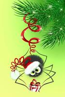 groen Spar boom Afdeling met hangende pluizig spin in de kerstman hoed en Holding Kerstmis geschenk vector