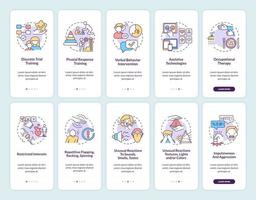 autistische behandelmethoden onboarding paginaschermen voor mobiele apps ingesteld. autisme symptomen walkthrough 5 stappen grafische instructies met concepten. ui, ux, gui vectorsjabloon met lineaire kleurenillustraties vector