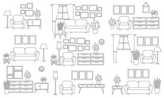 een verzameling van ontwerp opties voor regelen van meubilair voor interieur projecten. een reeks van interieur composities in zwart en wit zijn geïsoleerd Aan een wit achtergrond. vector