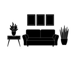 meubilair samenstelling in vector grafiek, een fauteuil, een lamp, een tafel Leuk vinden een schetsen. de huis interieur van de leven kamer in zwart en wit is geïsoleerd Aan wit.
