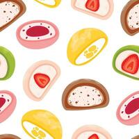 Japans mochi naadloos patroon. Aziatisch zoet voedsel. vector voor kleren, achtergrond, afdrukken, pakket. mochi. Japans mochi in rijst- deeg. gekleurde mochi met verschillend vullingen. vector vlak illustratie