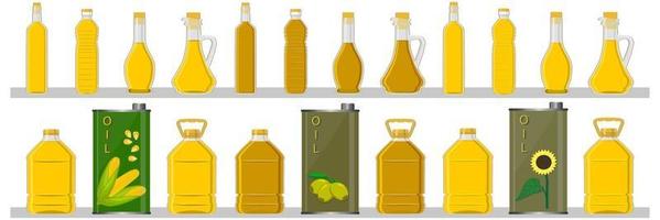 illustratie op thema grote kit olie in verschillende glazen flessen voor het koken van voedsel vector