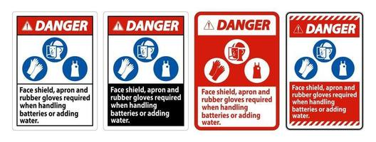 gevarenbord gelaatsscherm, schort en rubberen handschoenen vereist bij het hanteren van batterijen of het toevoegen van water met pbm-symbolen vector