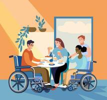 persoon met handicaps in openbaar plaats. vrienden in rolstoelen zittend in cafe, drinken koffie met vrienden. metafoor van invoering in modern samenleving. tekenfilm vlak vector illustratie