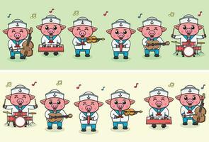 vector illustratie van schattig varken zeelieden muziek- band. groot reeks van schattig dier tekenfilm in beroepen. varken tekenfilm vlak stijl.
