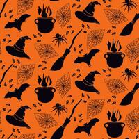 zwart en oranje silhouet halloween naadloos patroon. geïsoleerd hand- getrokken knuppel, ketel, spin, spin web, heks, dweil, snoep maïs. vakantie ontwerp voor omhulsel papier, textiel, decoratie, plakboek vector