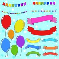 set van platte gekleurde geïsoleerde ballonnen aan touwen. set van slingers en linten van banners vector