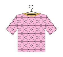 t-shirt Aan hanger 2d lineair tekenfilm voorwerp. t overhemd met meetkundig afdrukken geïsoleerd lijn vector element wit achtergrond. elegant kleding kleding. hangende kleren kleur vlak plek illustratie