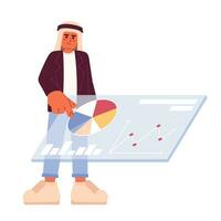 saudi Mens aanraken afzet analytics dashboard 2d tekenfilm karakter. jong volwassen saudi mannetje bijeenkomst gegevens geïsoleerd vector persoon wit achtergrond. markt studie kleur vlak plek illustratie