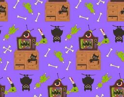 kleurrijk patroon voor halloween. tv-monster in een retro tekenfilm stijl. modieus vector achtergrond.
