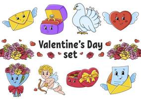 set van schattige stripfiguren. Valentijnsdag clipart. hand getekend. kleurrijk pakket. vector illustratie. patch badges collectie. label ontwerpelementen. voor dagelijkse planner, dagboek, organisator.