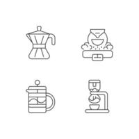 koffiezet apparaat lineaire pictogrammen instellen. mokka pot. professionele commerciële koffiebrander voor bonen. aanpasbare dunne lijncontoursymbolen. geïsoleerde vectoroverzichtsillustraties. bewerkbare streek vector