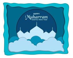 gelukkig muharram papier frame moskee wolk vector