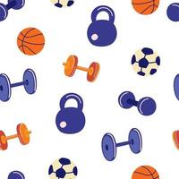 naadloos patroon met sportaccessoires. dumbbells, kettlebells, barbells, ballen voor voetbal en basketbal. geschiktheidsachtergrond. uitrusting voor sportspellen. platte vectorillustratie vector