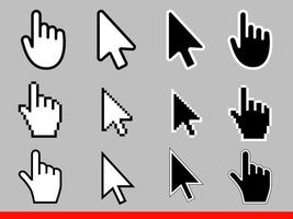 witte en zwarte pijl en hand aanwijzer pixel en geen pixel cursors iconen vector illustratie set