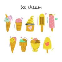 handgetekende set van ijs, schattig en leuk ontwerp. zomer dessert concept. vlakke afbeelding. vector