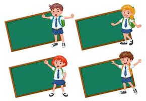 vier kaders met gelukkig kinderen in school- uniform. schattig kinderen met vier groen bord. vector illustratie