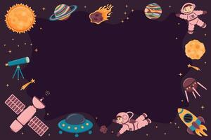 vector achtergrond met astronauten, planeten, ruimtevaartuig, raket, satelliet, meteoriet, ruimte station in tekenfilm stijl.