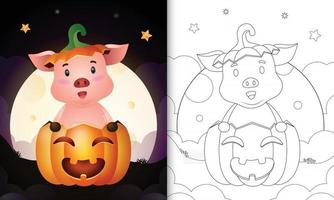 kleurboek met een schattig varken in de halloween-pompoen vector