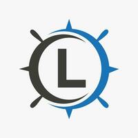 brief l schip logo concept met schip wiel teken vector sjabloon