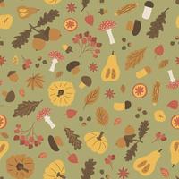 herfst halloween naadloze patroon. vectorillustratie van eikelboleet, vliegenzwam, viburnum, bladeren esdoorn eik, maïs, pompoen, noten, kastanjes, appels, sinaasappels, kaneel op groene achtergrond vector