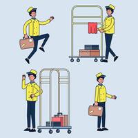 piccolo hotelservice en bagagewagen en koffers dragen. loopjongen hotel werknemer in uniform van hotelpersoneel. vector