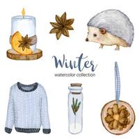 winter aquarel collectie met lange mouwen, potten, kaarsen en egels. vector