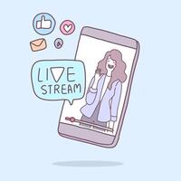 een jongedame leidt een live-uitzending via een smartphone. vector