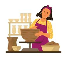 vrouw keramisch pottenbakker maken klei kom in pottenbakkerij studio vector