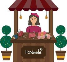 handgemaakt winkel. de schattig vrouw - verkoper staand achter buiten winkel. handgemaakt festival vector