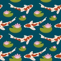 koi karper naadloos patroon. tekening van gevlekte Japans vis. vector illustratie. achtergrond met vis en water lelies bloemen.