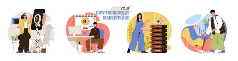 cryptocurrency marktplaats concept scènes set vector