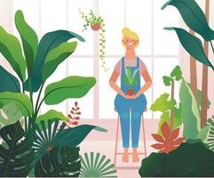 een vrouw zit in een kas vol planten. vector