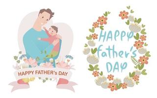tekstontwerp versierd met bloemen en papa karakter met baby. vector
