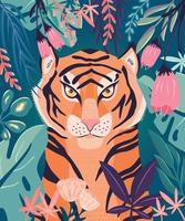portret van een tijger in een jungle omringd met kleurrijke planten. vectorillustratie.