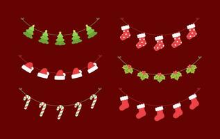 reeks van Kerstmis en winter vakantie decoratie guirlande. Kerstmis decoratie elementen verzameling. de kerstman hoed, kousen, maretak, ornamenten, snoep riet. vector illustratie.