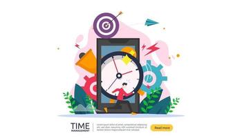 timemanagement en uitstelconcept. planning en strategie voor zakelijke oplossingen met klok, kalender en kleine mensenkarakter voor presentatie, sociale en gedrukte media. vector illustratie