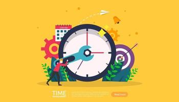 timemanagement en uitstelconcept. planning en strategie voor zakelijke oplossingen met klok, kalender en kleine mensenkarakter voor presentatie, sociale en gedrukte media. vector illustratie