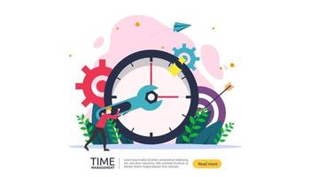 timemanagement en uitstelconcept. planning en strategie voor zakelijke oplossingen met klok, kalender en kleine mensenkarakter voor presentatie, sociale en gedrukte media. vector illustratie