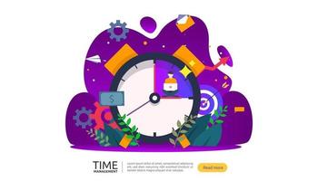 timemanagement en uitstelconcept. planning en strategie voor zakelijke oplossingen met klok, kalender en kleine mensenkarakter voor presentatie, sociale en gedrukte media. vector illustratie