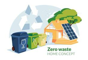 nul verspilling huis concept. groen energie en recyclen. vuilnis sorteren. zonne- paneel Aan de huis dak. vlak vector illustratie