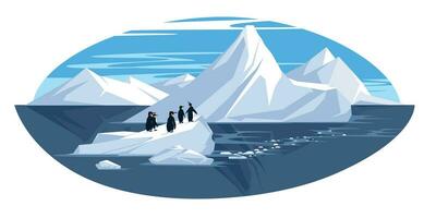 antarctisch landschap. ijsbergen van de verkoudheid zee. pinguïns Aan de gletsjer. vlak vector illustratie