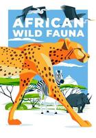 Afrikaanse dieren in het wild poster met groot Jachtluipaard, neushoorn, zebra en reiger tegen een savanne landschap achtergrond. vector vlak illustratie